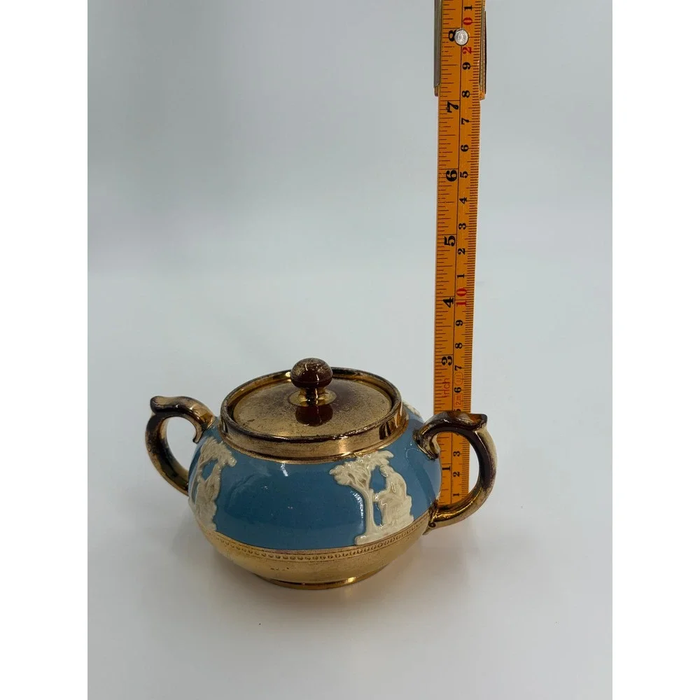 Vintage Gibson Staffordshire England Blue‎ Gold Lidded Sugar Bowl
